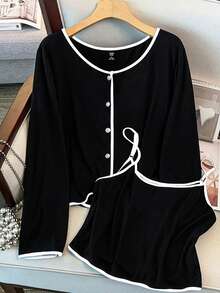 SHEIN CURVE+ Setelan 2 Potong Wanita Ukuran Besar: Atasan Lengan Panjang Berkancing dan Rompi Kamisol, Kasual - Hitam dan Putih - View 5