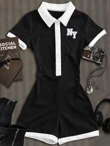 SHEIN Tween Girls RetroCollegeStyle Brown White Contrast Color Polo Collar Romper,Blackandwhite,Casual,Summer,Back-To-School,DailyWear,Random 1pc Sent - Black and White - View 6