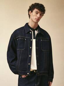 Sonviro Bộ đồ denim nam màu xanh đậm 2 món, áo khoác thường ngày và quần ống rộng, bộ đồ denim nam mùa xuân/thu, quần jeans rộng thùng thình. - Rửa tối - Xem 5