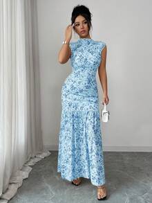 Elenzga Yellow Printed Ruched Waist Ruched Slit Elegant Dress For Women - Blue - View 3