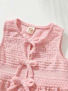 Cozy Pixies Conjunto de 2 peças com Cardigan de Malha de Gola Redonda Sem Mangas e Shorts de Cintura Elástica em Cor Sólida para Bebê Menina - Rosa Bebê - Visão 4