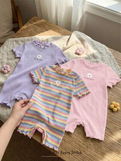 Cozy Pixies 3 pièces Ensemble barboteuse et short à manches courtes col rond en tricot doux à motifs floraux et rayures pour bébé fille