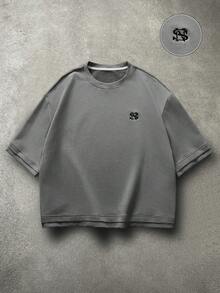 STYNVO 男士休閒日常通勤極簡百搭字母刺繡落肩寬鬆T恤，夏季 - 灰色 - 查看 1