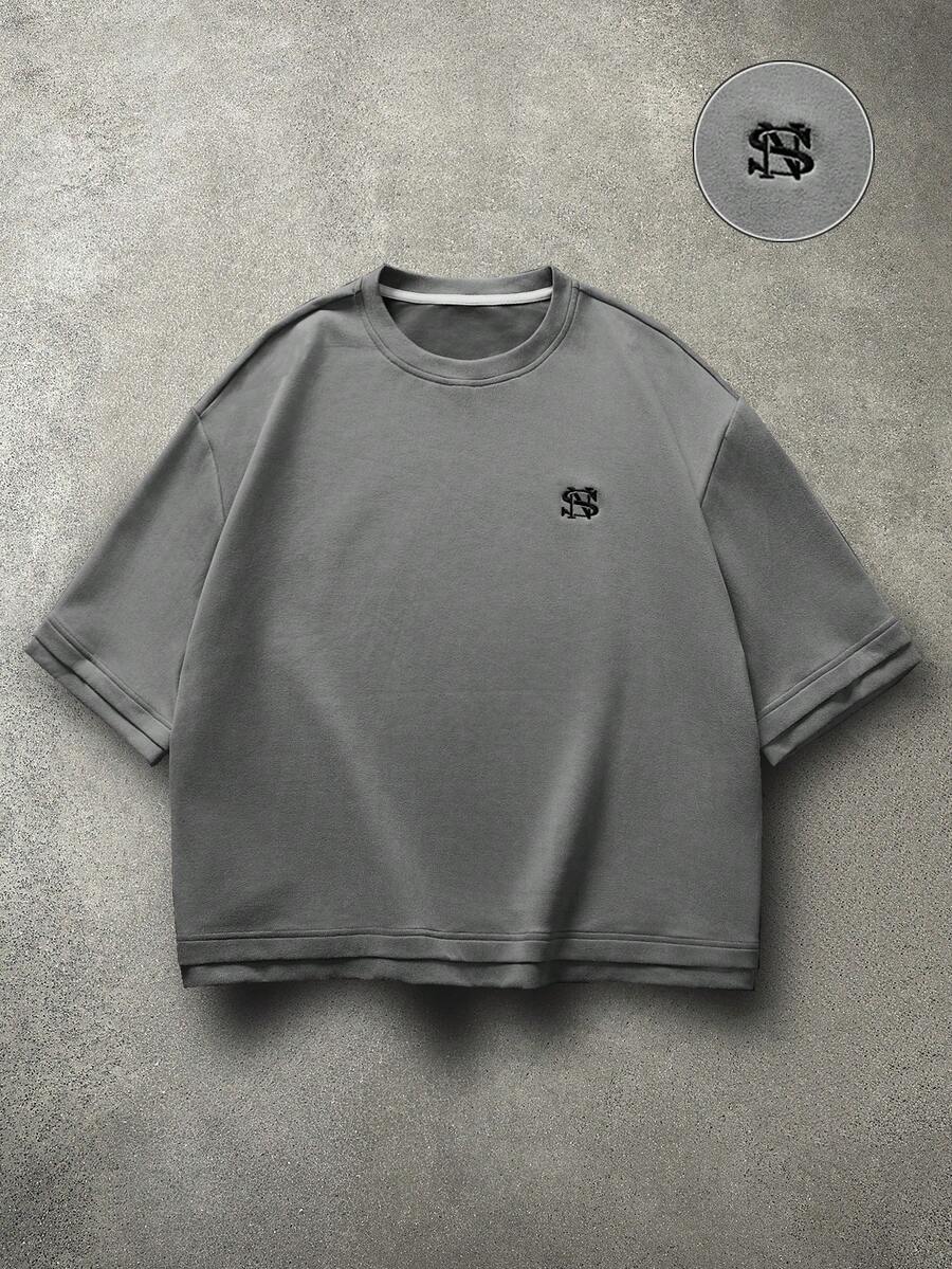 STYNVO 男士休閒日常通勤極簡百搭字母刺繡落肩寬鬆T恤,夏季 - 灰色 - 查看 1