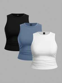SHEIN EZwear 3件裝休閒大尺碼圓領無袖女款背心上衣，適合夏季 - 彩色 - 查看 1