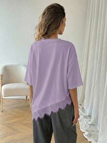 SHEIN LUNE Women's Casual Minimalist Solid Color Asymmetrical Hem Lace Patchwork T-Shirt, Basic Everyday Wear For Spring Summer Everyday Light Purple - Mauve Purple - View 2