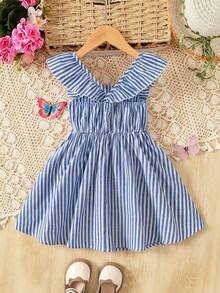 SHEIN Pink & White Striped Floral Print Bow Ruffle Trim Short Sleeve Casual Versatile Fashion Young Girl Dress, Spring/Summer Holiday - Blue - View 2