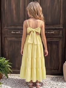 SHEIN Young Girl Woven Solid Color Casual Modest Jumpsuit Dress Holiday Holiday Vacation Yellow Summer - Mustard Yellow - View 9