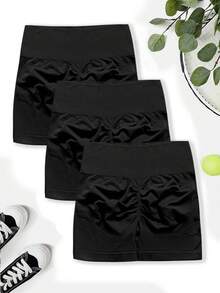 Dewbera Dewbera 3pcs Women Seamless Solid Color High Elastic Shaping Sports Shorts - Black - View 6