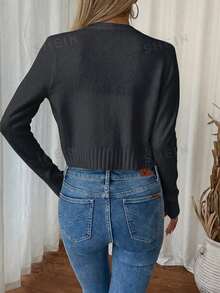 Femmeiva Casual Solid Color Cropped Cardigan, Autumn Fall Winter Cloth For Women - Black - View 2
