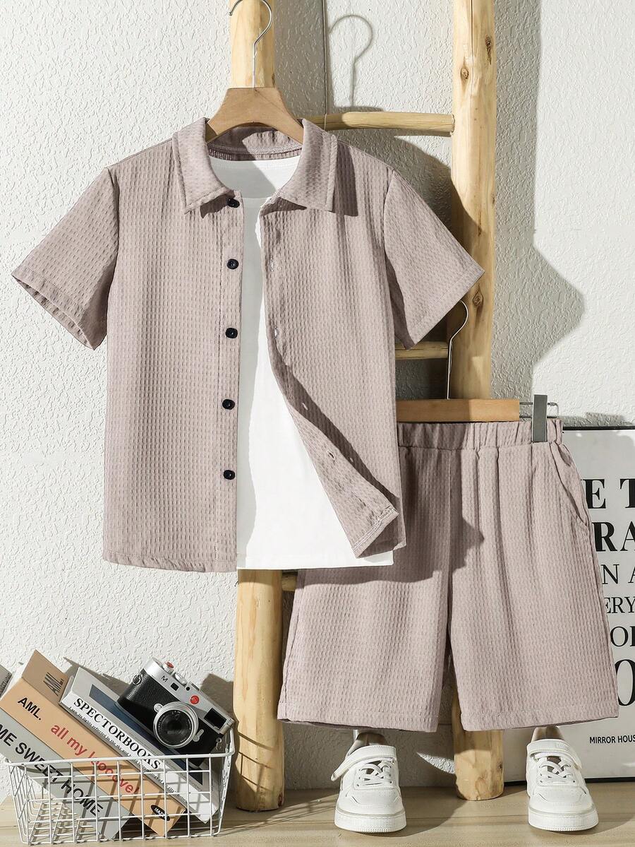 Mirajuku Tween Boy Summer Casual Vacation & Daily Wear Solid Color Waffle Fabric Short Sleeve Shirt And Shorts Set - Khaki - View 1