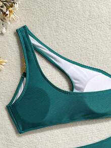 Swim SXY Women's Summer Beach Solid Color Cutout Sexy Bikini Swimwear Set - Teal Blue - View 4