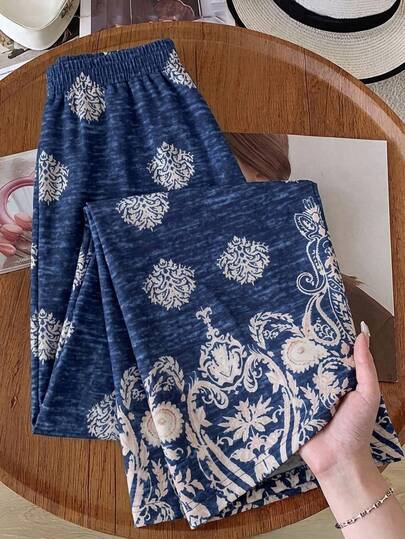 EMERY ROSE Women's Floral Print Elastic Waist Wide Leg Pants, Suitable For Holiday Beach City Break Blue And White Summer Boho