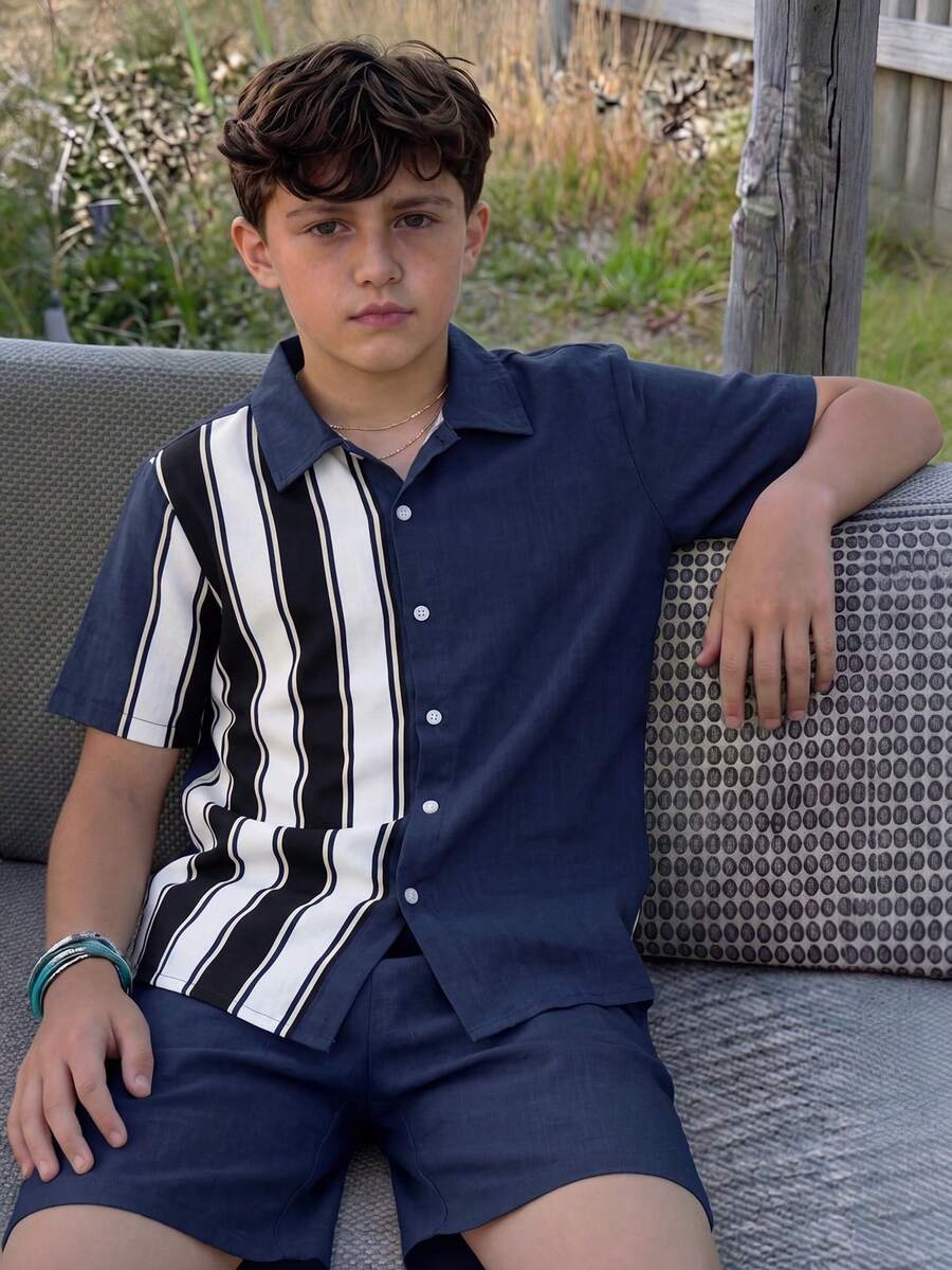 Vacaura Set de 2 piezas de camisa de rayas y pantalones cortos de verano casuales para adolescentes/niños - Azul Marino - Ver 1