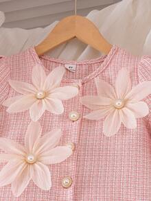 SHEIN Elladie kids Bộ 2 món cho bé gái tuổi teen, kiểu dáng thanh lịch thường ngày: áo dệt kim jacquard màu vàng, áo khoác cardigan jacquard bóng màu trắng có cúc ngọc trai và chân váy xếp ly, thích hợp cho dã ngoại. - Hồng - Xem 6