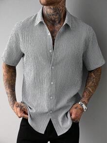 Manfinity CasualCool Men's Crinkle Striped Short Sleeve Shirt, Loose Fit Turndown Collar, Comfortable For Daily, Commute And Weekend Outings, Spring/Summer - Multicolor - View 6