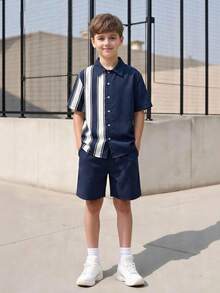 Vacaura Set de 2 piezas de camisa de rayas y pantalones cortos de verano casuales para adolescentes/niños - Azul Marino - Ver 3