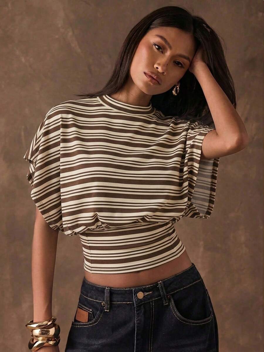 SHEIN BAE 女士条纹蝙蝠袖休闲腰部T恤 - 彩色 - 查看 1