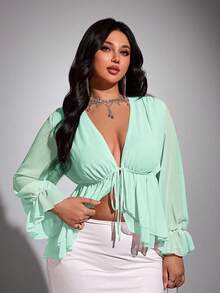 Viva Relle Blusa sexy con lazo de gasa de talla grande - verde menta - Ver 2