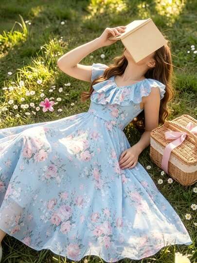 SHEIN Elladie kids Tween Girls' Elegant Minimalist Fashion V-Neck Ruffle Collar Sleeveless High Waist Mid-Length Solid Color Chiffon Blue Formal Dress, Summer Tween Girls Graduation/Wedding Flower Girl Dress