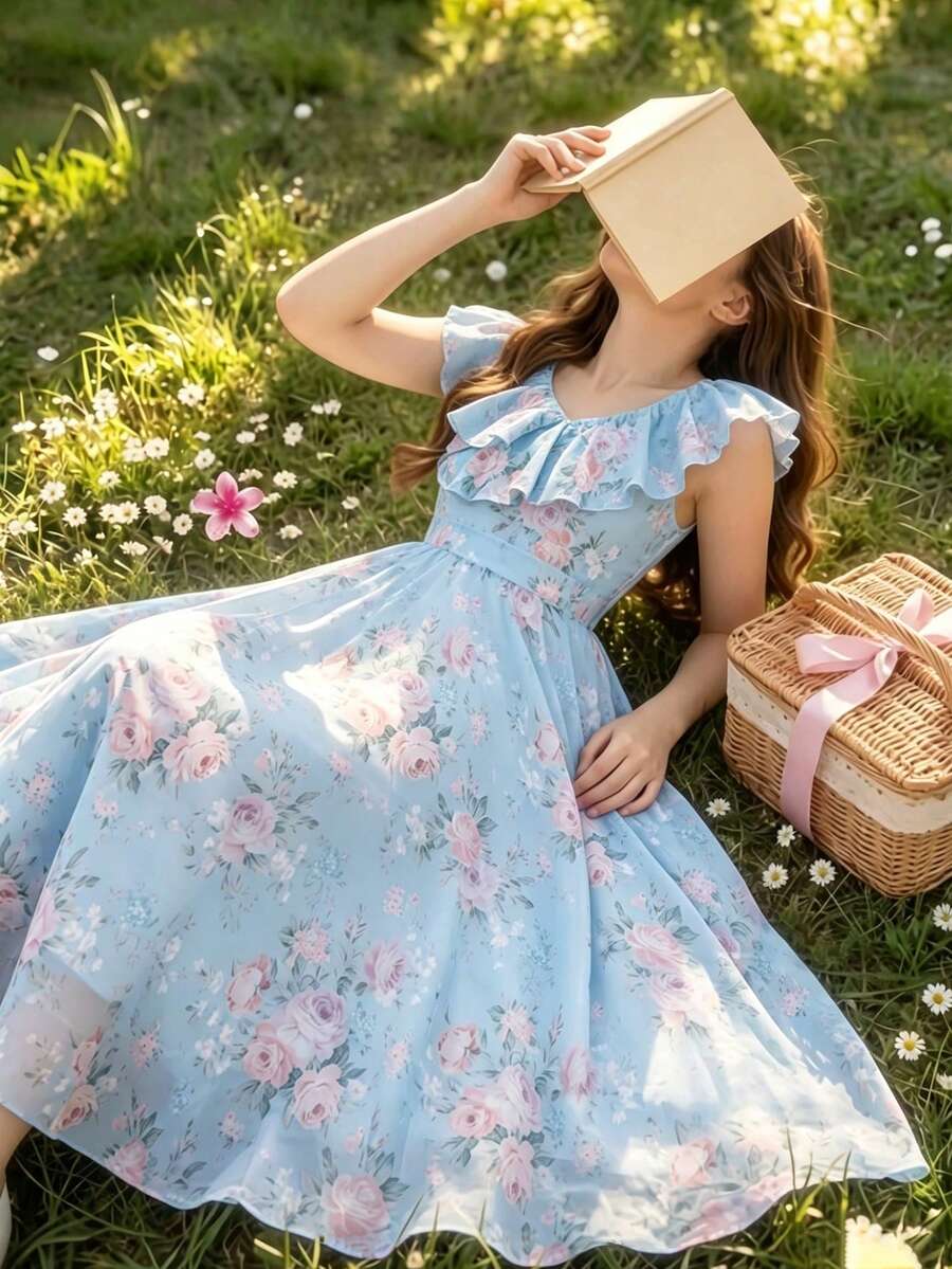 SHEIN Elladie kids 少女优雅简约时尚V领荷叶边无袖高腰中长款纯色雪纺蓝色正式连衣裙，夏季少女毕业/婚礼花童礼服