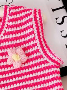 SHEIN Elladie kids 2件套女童条纹提花针织宽松背心短裤套装，适合休闲、度假、运动、夏季穿着 - 粉色 - 查看 7