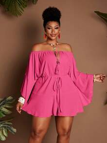 Maweii Jumpsuit Liburan Seksi Wanita Ukuran Plus dengan Bahu Terbuka - Hot Pink - View 5