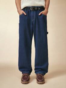 Sonviro Jeans de mezclilla casuales para hombres con rayas verticales y múltiples bolsillos, moda callejera - Azul lavado oscuro - Ver 1