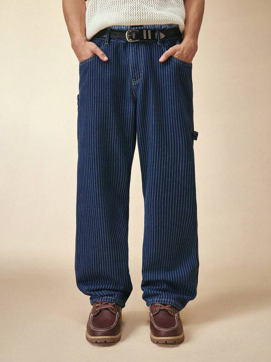 Sonviro Jeans de mezclilla casuales para hombres con rayas verticales y múltiples bolsillos, moda callejera - Azul lavado oscuro - Ver 1