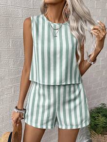 EMERY ROSE Women's Woven Striped Casual Summer Two Pieces Set - Dark Green - View 6