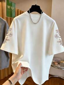 Franclia Áo thun in họa tiết ngọc trai giả, cổ tròn, dáng rộng, tay ngắn, áo thun nữ thanh lịch, phù hợp mặc hàng ngày và hẹn hò. Áo tay ngắn nữ, trang phục mùa hè nữ, áo nữ mới nhất, áo thun thêu họa tiết bướm và hoa. - Nhiều màu - Xem 2