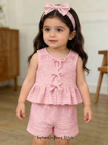 Cozy Pixies Conjunto de 2 peças com Cardigan de Malha de Gola Redonda Sem Mangas e Shorts de Cintura Elástica em Cor Sólida para Bebê Menina - Rosa Bebê - Visão 10