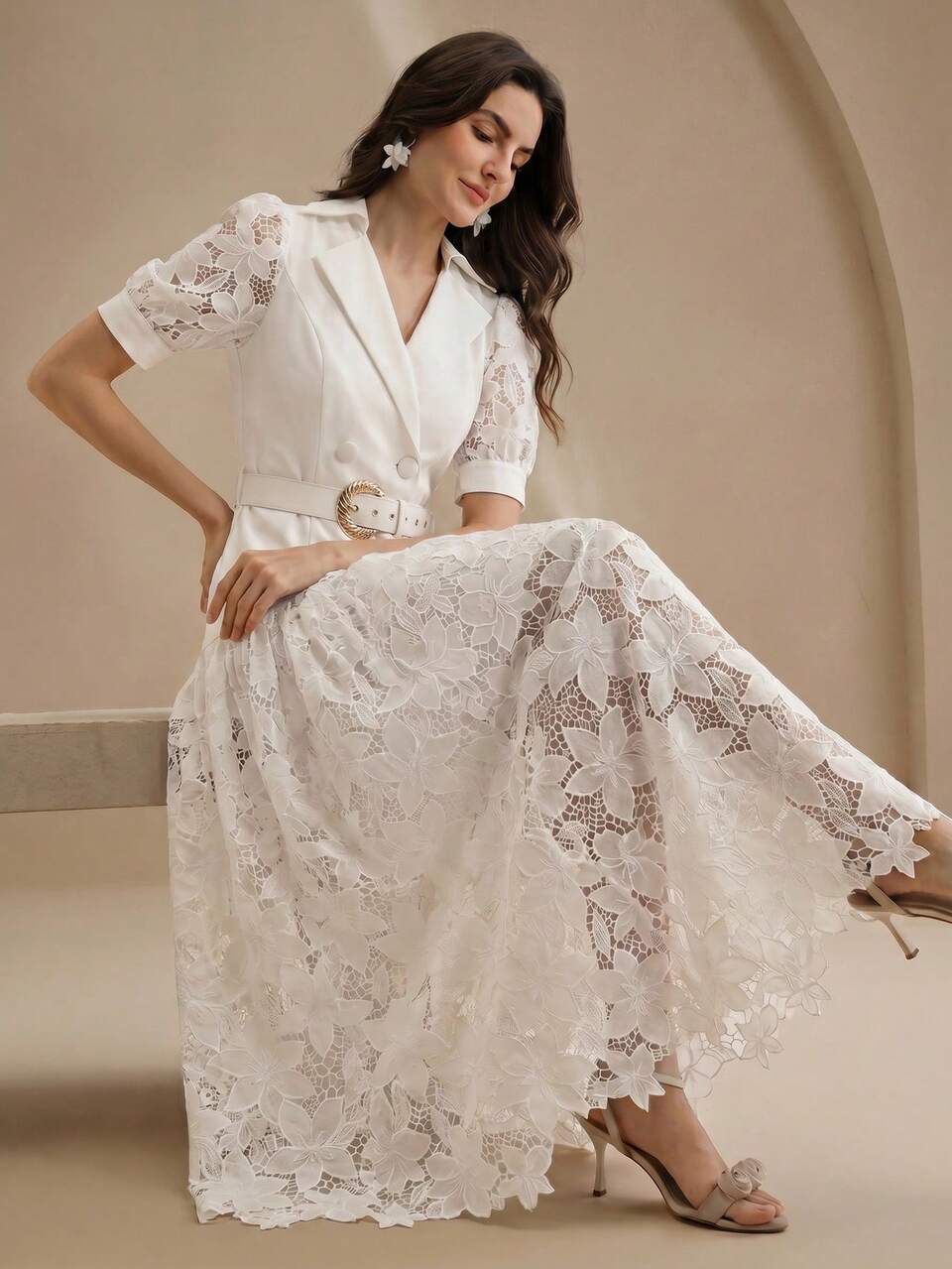 Anewsta Spring/Summer New Hollow Lace Embroidered Waist Elegant Party Design Waist Belt Puff Sleeve Slim Fit Long Dress