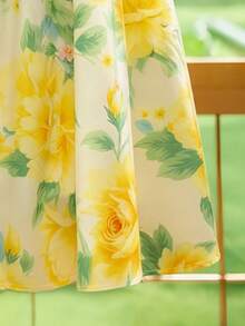 SHEIN LUNE 女士夏季中长裙，女士印花弹力腰A字裙，显瘦宽松版型，女士时尚印花中长裙，适合夏季穿着，派对裙，度假裙，沙滩裙，毕业典礼裙，优雅女士长裙，婚礼派对长裙 - 黃色 - 查看 3