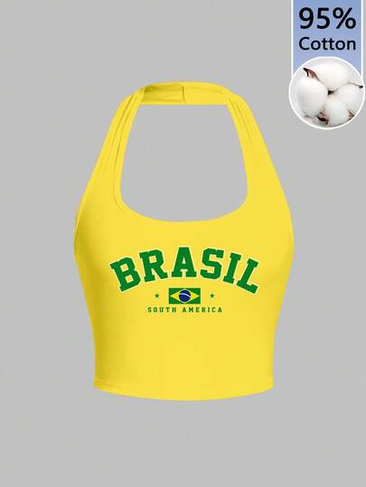 Tseoso Women's 95% Cotton Brazilian Flag Yellow Halter Neck Fitted Crop Tank Top – Summer Beach, Music Festival, Tropical Vacation Outfit, Miami Girl Brazil Style, World Cup & Sports Event Wear, Bikini Shirt, Brazil, Back To School