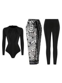Swim Mulvari Swim Shayni Women Floral Print Long Sleeve Modest Flowy Sexy Burkini Set Maxi Skirt Full Coverage Muslim Swimwear Summer Beach Vacation Black - Multicolor - View 8