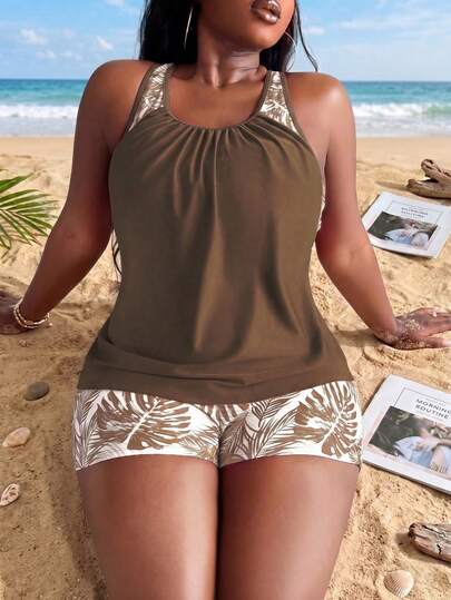 Swim Lushoire Plus Size Women Random Print Tankini Swimwear With Adjustable Straps