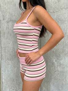 SHEIN EZwear Summer Contrast Stripe Trim Camisole And Shorts Set - Pink - View 3