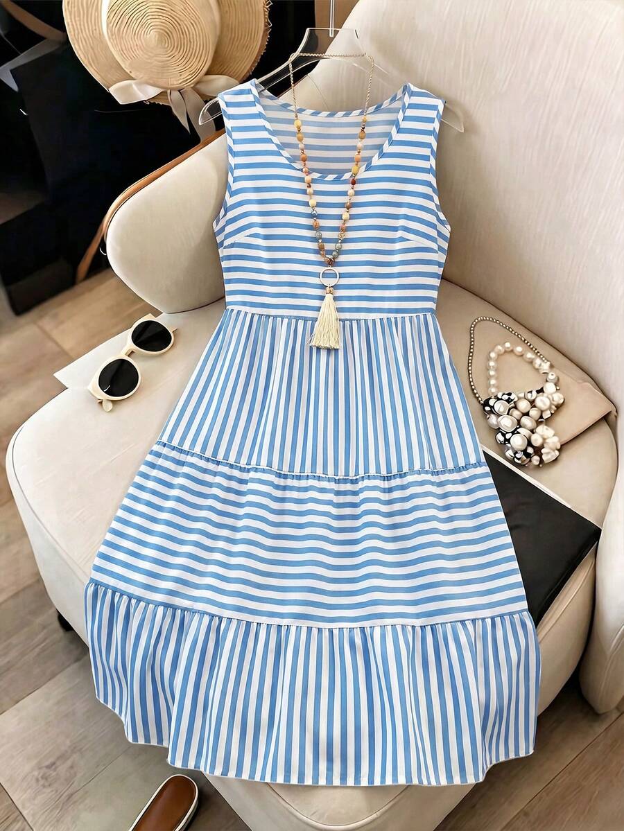 Breezaya Plus Size Women Casual Striped Dress, Fashionable Choice For Summer Vacation - Blue - View 1