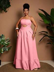 Maweii Plus Size Elegant Solid Color Hollow Ruffle Hem Camisole Dress, Summer - Pink - View 5