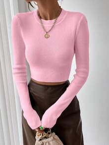 RosyDaze Solid Ribbed Knit Crop Jumper - Pink - View 4