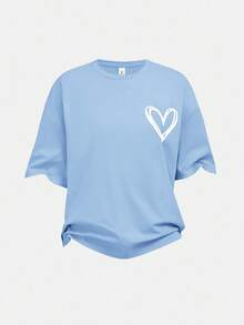 SHEIN Girlism Completo casual da ragazza adolescente in maglia blu oliva, con collo rotondo, spalle cadenti, plissettatura e stampa, adatto per uso quotidiano, streetwear, sport, vacanze, attività all'aperto in famiglia, picnic primaverili e varie occasioni - Blu - Visualizzare 6