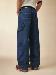 Sonviro Jeans de mezclilla casuales para hombres con rayas verticales y múltiples bolsillos, moda callejera - Azul lavado oscuro - Ver 2
