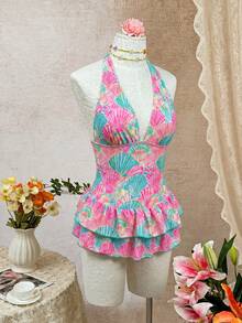 Bellisia Teal And Pink Textured Fabric Halter Neck Deep V-Neck Backless Double Ruffle Hem Dress, Cute Tropical Sweet Style For Summer Beach Vacation - Multicolor - View 4