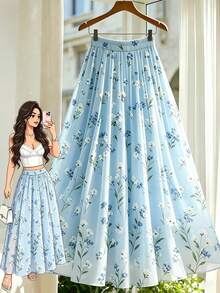 Franclia Chân váy chiffon in hoa cho nữ, chân váy xếp ly cạp cao ôm dáng, thiết kế eo chun, chân váy dài thanh lịch, trang phục mùa hè cho nữ, chân váy dự tiệc sang trọng, chân váy đi biển, chân váy dự tiệc cưới, chân váy duyên dáng cho nữ, chân váy đi nghỉ hè, váy thường ngày, váy chiffon đi nghỉ mát, chân váy công sở thường ngày, váy thời trang đa năng, chân váy phong cách thành thị - Màu xanh lam - Xem 11