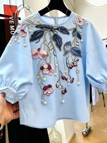 SHEIN Franclia 蓝色短袖衬衫，蓝色碎花印花短袖女式衬衫，优雅的春夏度假装，适合派对和假日穿着 - 藍色 - 查看 3