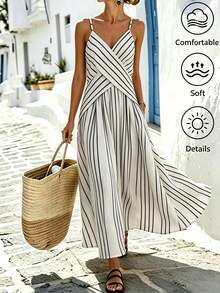 Breezaya Đầm dài hai dây kẻ sọc dành cho nữ, thích hợp cho tiệc tùng và du lịch. - Đen và trắng - Xem 8