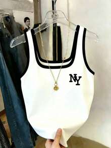 Resyla Cotton Casual Sporty Slim-Fit NY Letter Print Contrast Color Tank Top For Women Back-To-School Gym Black And White Summer - Black and White - View 4