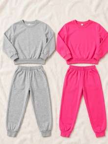 Conjunto 4 pz para mujer estilo casual urbano estampado de letras tela suave holgado capucha manga larga otoño invierno uso diario set dos piezas sudadera - Rosa fucsia y Gris - Ver 3