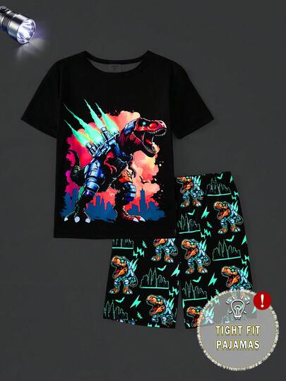 SHEIN Boys' Snug Fit Round Neck Short Sleeve Shorts, Green Dinosaur Glow-In-The-Dark Print, Made Of Comfortable Stretchy Fabric, Casual Wear For Boys In Spring/Summer